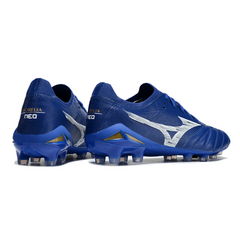 Botas de fútbol Mizuno Morelia Neo IV Elite FG para terreno firme, color azul y blanco