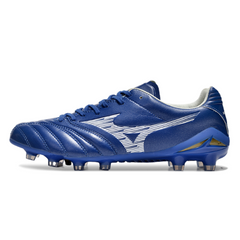 Botas de fútbol Mizuno Morelia Neo IV Pro azul y blanco para terreno firme FG