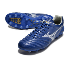 Botas de fútbol Mizuno Morelia Neo IV Pro azul y blanco para terreno firme FG