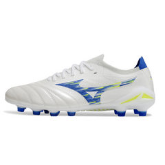 Botas de fútbol Mizuno Morelia Neo IV Elite FG para terreno firme, color blanco, azul y amarillo