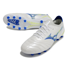 Botas de fútbol Mizuno Morelia Neo IV Elite FG para terreno firme, color blanco, azul y amarillo