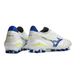 Botas de fútbol Mizuno Morelia Neo IV Elite FG para terreno firme, color blanco, azul y amarillo