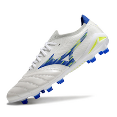 Botas de fútbol Mizuno Morelia Neo IV Elite FG para terreno firme, color blanco, azul y amarillo