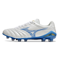 Botas de fútbol Mizuno Morelia Neo IV Pro FG para terreno firme, color blanco y azul