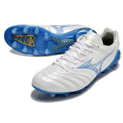 Botas de fútbol Mizuno Morelia Neo IV Pro FG para terreno firme, color blanco y azul