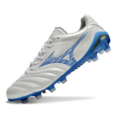 Botas de fútbol Mizuno Morelia Neo IV Pro FG para terreno firme, color blanco y azul