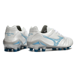 Botas de fútbol Mizuno Morelia Neo IV Pro FG para terreno firme, color blanco y azul claro