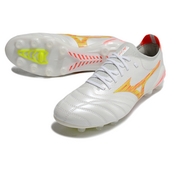 Scarpa da calcio Mizuno Morelia Neo IV Elite FG bianca arancione e gialla per terreni compatti