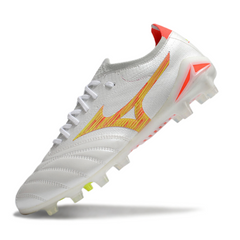 Scarpa da calcio Mizuno Morelia Neo IV Elite FG bianca arancione e gialla per terreni compatti