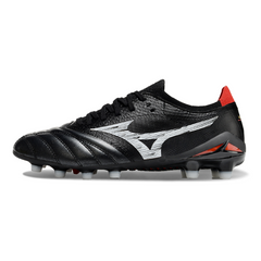 Botas de fútbol Mizuno Morelia Neo IV Elite FG para terreno firme, color negro, blanco y rojo