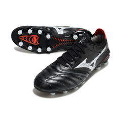 Botas de fútbol Mizuno Morelia Neo IV Elite FG para terreno firme, color negro, blanco y rojo