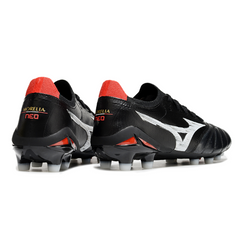 Botas de fútbol Mizuno Morelia Neo IV Elite FG para terreno firme, color negro, blanco y rojo