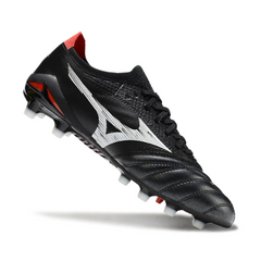 Botas de fútbol Mizuno Morelia Neo IV Elite FG para terreno firme, color negro, blanco y rojo
