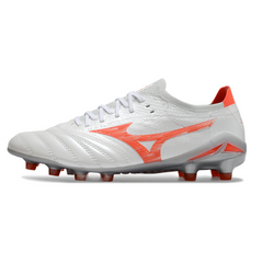 Bota de fútbol Mizuno Morelia Neo IV Pro blanca y naranja para terreno firme (FG)