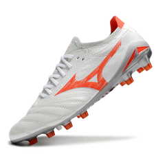 Bota de fútbol Mizuno Morelia Neo IV Pro blanca y naranja para terreno firme (FG)