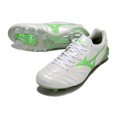 Scarpa da calcio Mizuno Morelia Neo IV Pro bianca e verde per terreni compatti FG