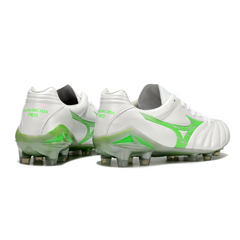 Scarpa da calcio Mizuno Morelia Neo IV Pro bianca e verde per terreni compatti FG