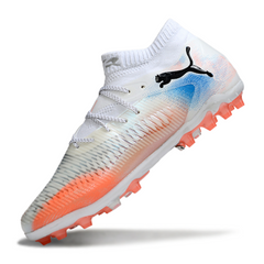 Botas de fútbol Puma Future 8 AG para césped artificial, color blanco, naranja y azul