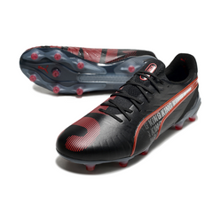 Botas de fútbol Puma King Ultimate FG para terreno firme, color negro y rojo