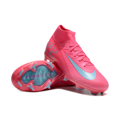 Botas de fútbol Nike Air Zoom Mercurial Superfly 10 Elite rosa y azul claro para terreno firme FG para niños