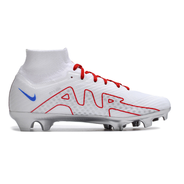Chuteira Infantil Campo Nike Zoom Mercurial Superfly 9 Elite FG Branca, Vermelha e Prata - VENI Futebol