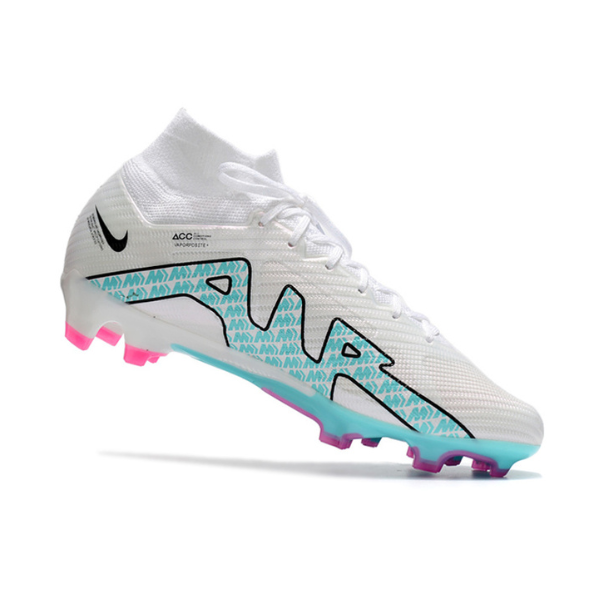 Chuteira Infantil Campo Nike Zoom Mercurial Superfly 9 Elite FG Branca, Azul Claro e Rosa - VENI Futebol