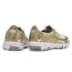 Chuteira Society Mizuno Alpha TF Branca e Dourada - VENI Futebol