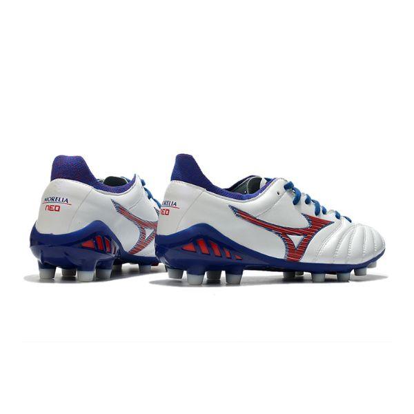 Chuteira Mizuno Morelia Neo III Pro FG Branco, Azul e Vermelho - VN Esportes